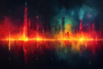Naklejka premium A city skyline with a red and orange glow. The city is lit up at night, creating a warm and inviting atmosphere. The colors of the cityscape are vibrant and eye-catching