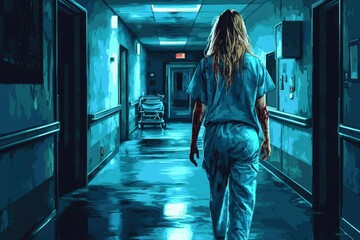 A Bloodied Figure Walks Down a Hospital Corridor