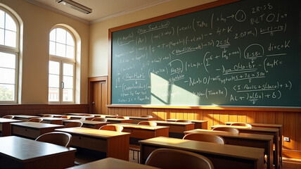 Empty lecture hall or conference room with rows of wooden desks and large green chalkboard covered in mathematical equations with sunlight filtering through tall windows.	
