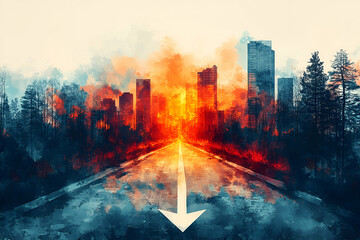 A painting of a city with a road and a white arrow pointing down. The painting has a mood of destruction and chaos, with the orange and red colors of the fire and the city buildings