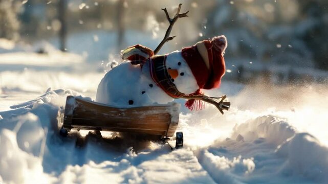 Playful funny snowman speeding downhill on a sled, scattering snowflakes in an energetic winter scene. Video made using Generative AI
