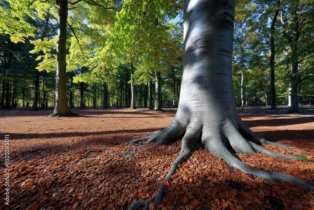 Poster Sunlight filtering through trees, hyper-realistically capturing every ray of light and shadow as it falls on the forest floor