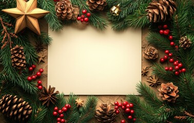 Obraz premium Festive Christmas blank paper surrounded by pinecones, berries, and evergreen branches for your holiday greetings