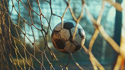 Soccer ball caught in the goal net, action moment. 
