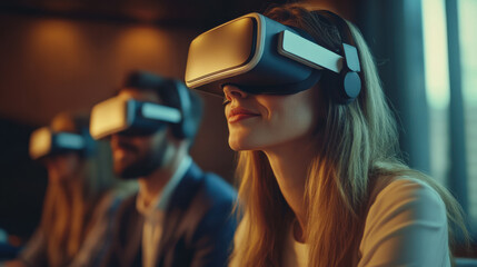 People engaged in virtual reality experience wearing headsets at a modern workspace during a collaborative session