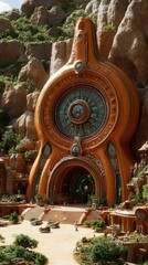 Fototapeta premium futuristic entrance door to a cave in the forest, adorned with artistic orange designs