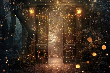 Fototapeta premium A dark forest with a glowing archway, generative ai image