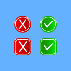 3D Check mark icon set. Check box icon with right and wrong yes or no circle square shiny buttons check mark icons in green and red color