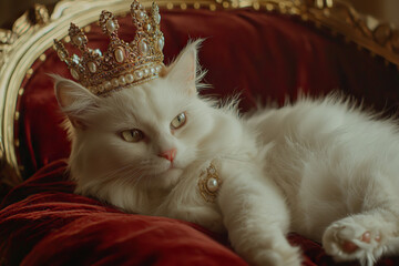 A cat with elegant white fur, sitting on a velvet cushion, wearing a small royal crown adorned with pearls