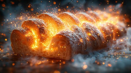 A stunning visual of a baguette surrounded by glowing sparks and smoke. The imagery highlights the bread's texture and the fiery elements emanating from it.