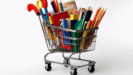 A shopping cart filled with colorful pencils, pens, and other school supplies sits on a white surface - Powered by Adobe