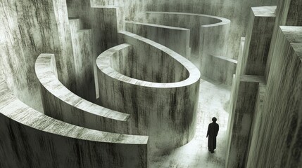 A lone figure stands at the end of a concrete labyrinth.