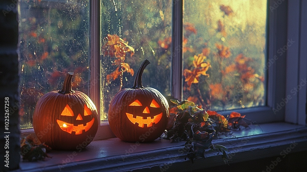 Wall mural   Two pumpkins carved and placed on a windowsill facing the window, surrounded by autumnal foliage