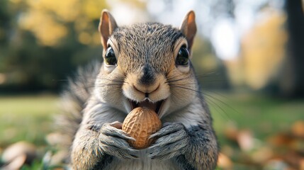 Obraz premium Squirrel, holding a nut, smiling at the camera generative ai