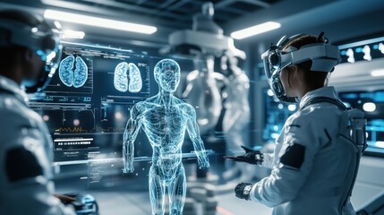 Two Scientists Interact with a Holographic Human Anatomy Model in a High-Tech Lab