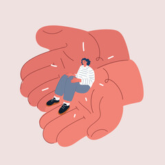 Cartoon vector illustration of a woman sitting in hands