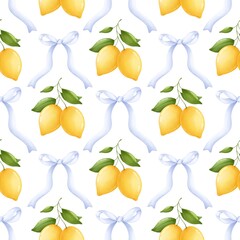 Seamless pattern of lemons and bow. Aesthetic lemon tree branches, lemon fruits and flowers in a beautiful pattern. For fabric, packaging paper, scrapbooking.