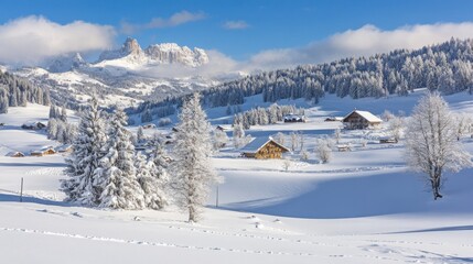 Stunning winter view of Alpe di Siusi village in the Dolomites, Italy.