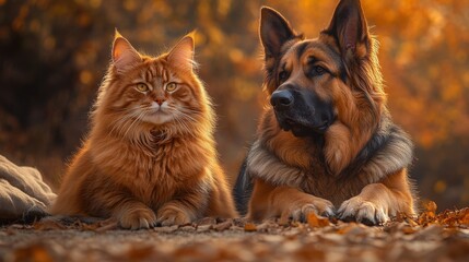 german shepherd dog and sarman cat, together in the autumn landscape, wallpaper, background