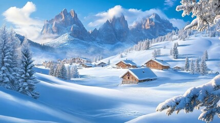 Fototapeta premium Stunning winter view of Alpe di Siusi village in the Dolomites, Italy.