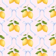 Seamless pattern of lemons and bow. Aesthetic lemon tree branches, lemon fruits and flowers in a beautiful pattern. For fabric, packaging paper, scrapbooking.