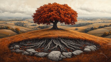 big red tree and roots on the hill, autumn landscape, tree of life, wallpaper