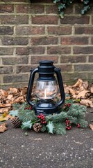 Obraz premium A beautifully arranged black lantern with lit candles sits among pine cones and greenery on a fireplace shelf, enhancing the festive atmosphere of the space during the holidays