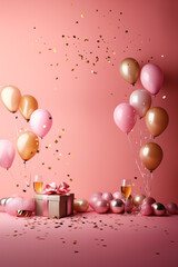 Ladies night pink party glamour party background with champagne, balloons and elegant decorations.