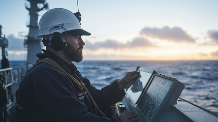 Obraz premium Navy sailor using modern technology to navigate a ship at sea photo