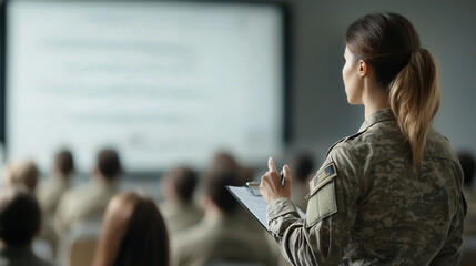 Female military officer giving a presentation in a leadership training class photo