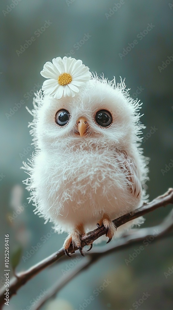 Wall mural   A small white owl perched on a branch, adorned with a flower in its hair, its eyes wide open against a blurry backdrop