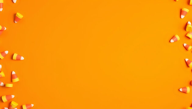 Vibrant orange background with scattered candy corn creating festive Halloween mood with copy space