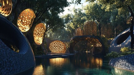 Golden-Lit Structures in a Lush, Water-Filled Landscape
