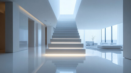 Modern interior staircase with illuminated steps in a minimalist living space during daylight hours