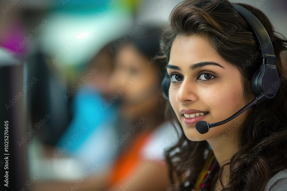 Poster beautiful woman wearing headset works on computer with monitor displaying screen. busy workspace wit