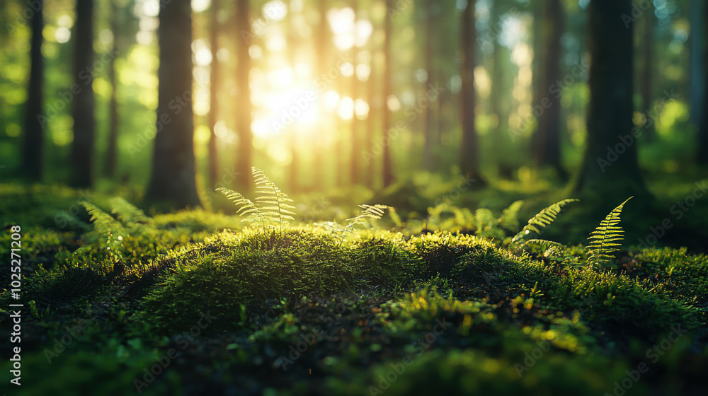 Poster serene morning light filtering through a lush forest with vibrant ferns and soft moss in a tranquil 