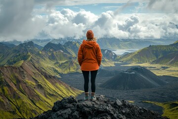Fototapeta premium Woman in Orange Jacket Stands on a Mountain Top Looking at a Valley