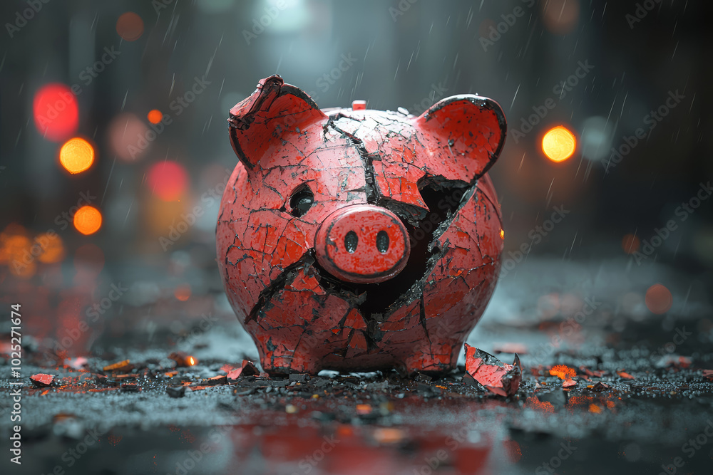 Wall mural A broken piggy bank, representing personal savings lost during a financial downturn. Concept of business.