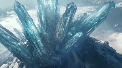 Giant Crystal Formation Piercing the Sky Above Snowy Mountains