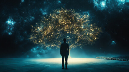 A person stands in awe before a majestic glowing tree at twilight, surrounded by a mystical, illuminated atmosphere