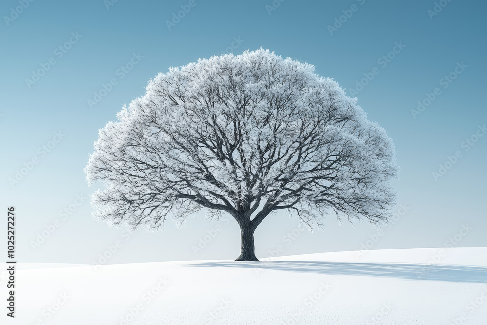 Poster a bare tree standing in a field of snow, representing resilience and survival. concept of minimalism