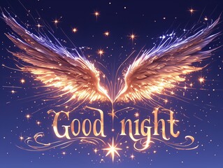 "Good Night" Illustration with Glowing Angel Wings