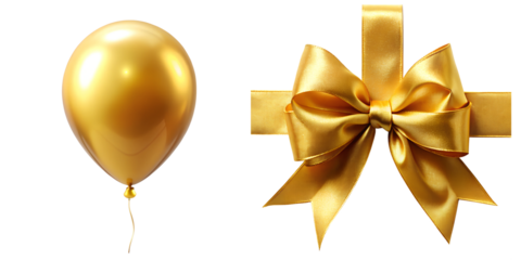 Golden birthday attributes ribbon and balloon isolated on transparent background PNG file