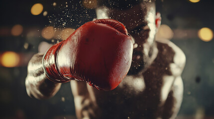 A determined boxer in a boxing ring prepares for a powerful strike under dramatic lighting