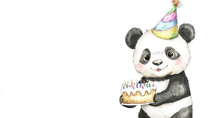   A panda bear holds a birthday cake in a watercolor painting with a party hat on its head