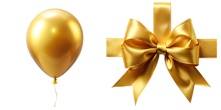 Golden birthday attributes ribbon and balloon isolated on transparent background PNG file