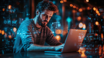 Young man working on a laptop in a modern city at night, immersed in data analysis and digital creativity