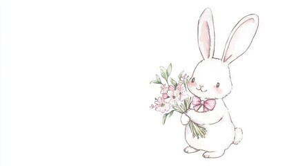 Obraz premium Watercolor of Bunny with Flowers - A bunny holds a bouquet while wearing a bow tie
