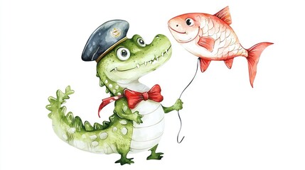 Obraz premium Drawing of a fish and a crocodile wearing a sailor's hat, holding a fish-shaped balloon