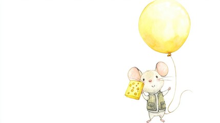   A picture of a mouse with a yellow balloon and two pieces of cheese